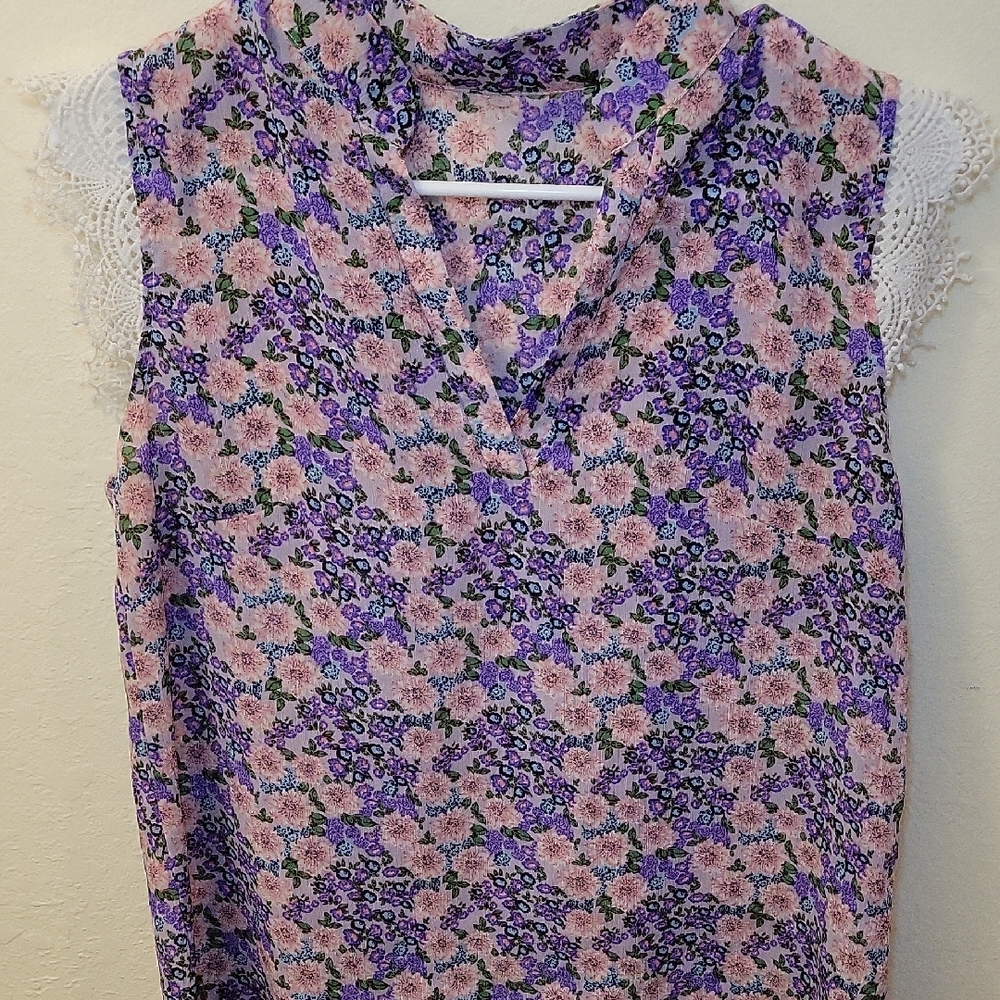 SHEIN Floral Lace Trim Blouse - Purple and Pink